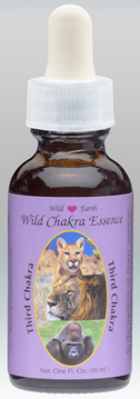 Wild Earth third Chakra Combination Essence Single bottle of the Wild Earth combination 'Third Chakra' with a purple label showing the animals Mountain Lion, Lion, and Gorilla.